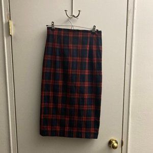 zara plaid print red and navy pencil midi skirt